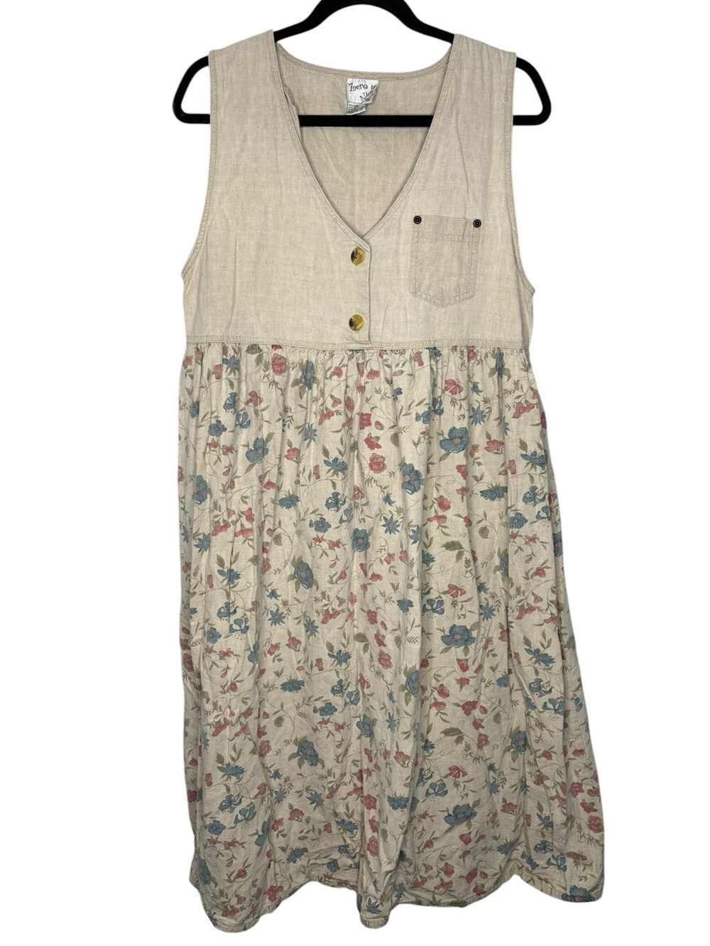 VTG Y2K 90s Cottagecore Floral Beige Sleeveless Linen Cotton Shirt Dress Medium